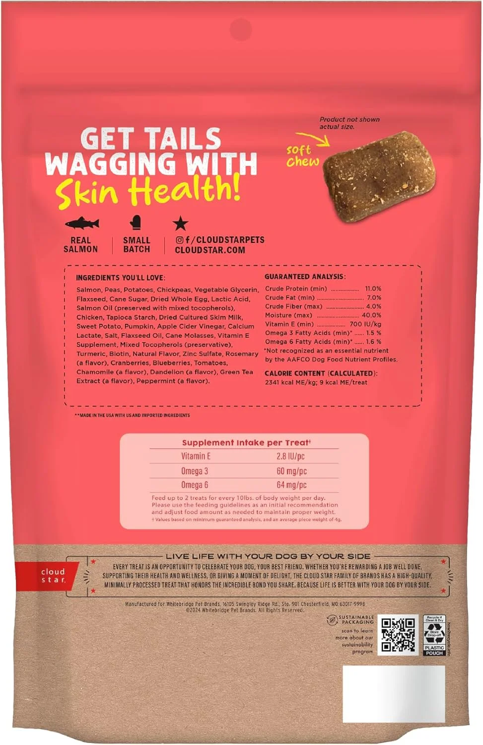 تشویقی نرم و جویدنی سگ Cloud Star Dynamo Dog برای پوست و مو، بدون غلات، طعم سالمون، بسته 397 گرمی