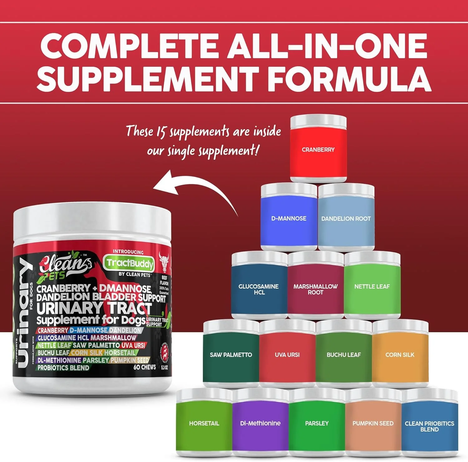 مکمل پشتیبانی از مجاری ادراری سگ با کرن‌بری | دی-مانوز، سنگ کلیه، قاصدک، گلوکزامین HCL، مارشمالو، برگ گزنه، نخل اره‌ای، یووا اورسی، بوچو، دم اسب، متیونین، جعفری