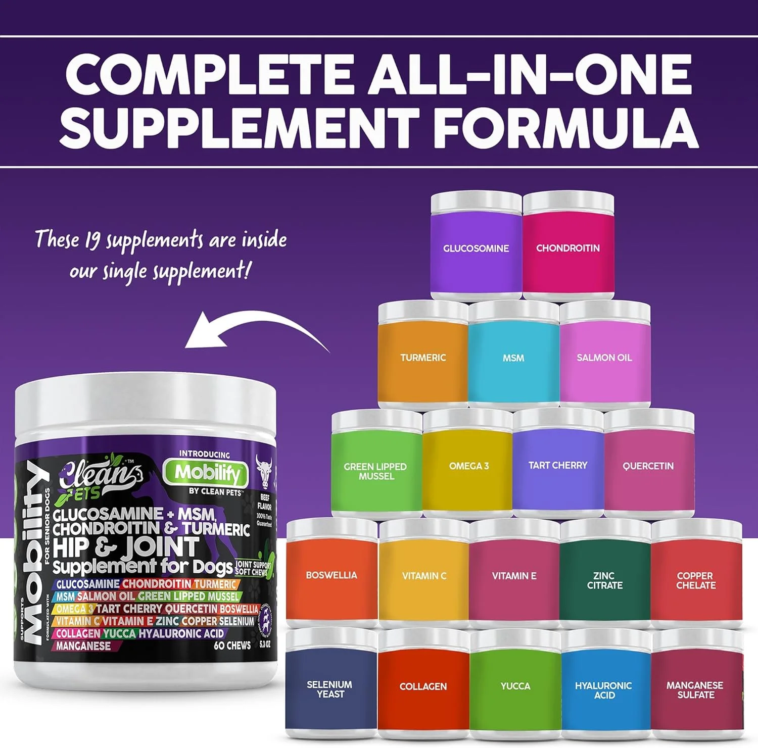 مکمل مفصل ران و مفاصل سگ ها با گلوکزامین برای سگ ها + کندرویتین، زردچوبه، اسید هیالورونیک، MSM، روغن ماهی سالمون، کلاژن، ویتامین C، امگا 3 مکمل های سگ های مسن با طعم گوشت گاو - 1 بسته