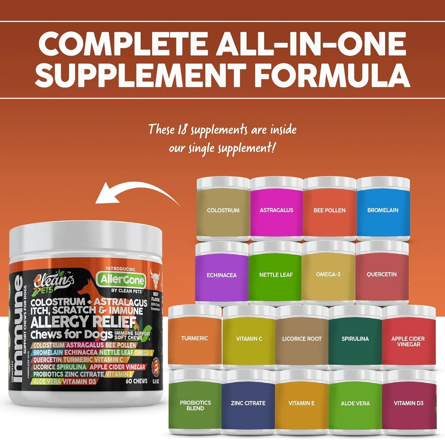 تشویقی سگ برای رفع آلرژی | تسکین خارش پوست سگ | کلستروم آستراگالوس امگا 3 گرده زنبور عسل بروملین اکیناسه برگ گزنه کوئرستین ریشه شیرین بیان اسپیرولینا ACV تقویت کننده سیستم ایمنی - بسته 1 عددی