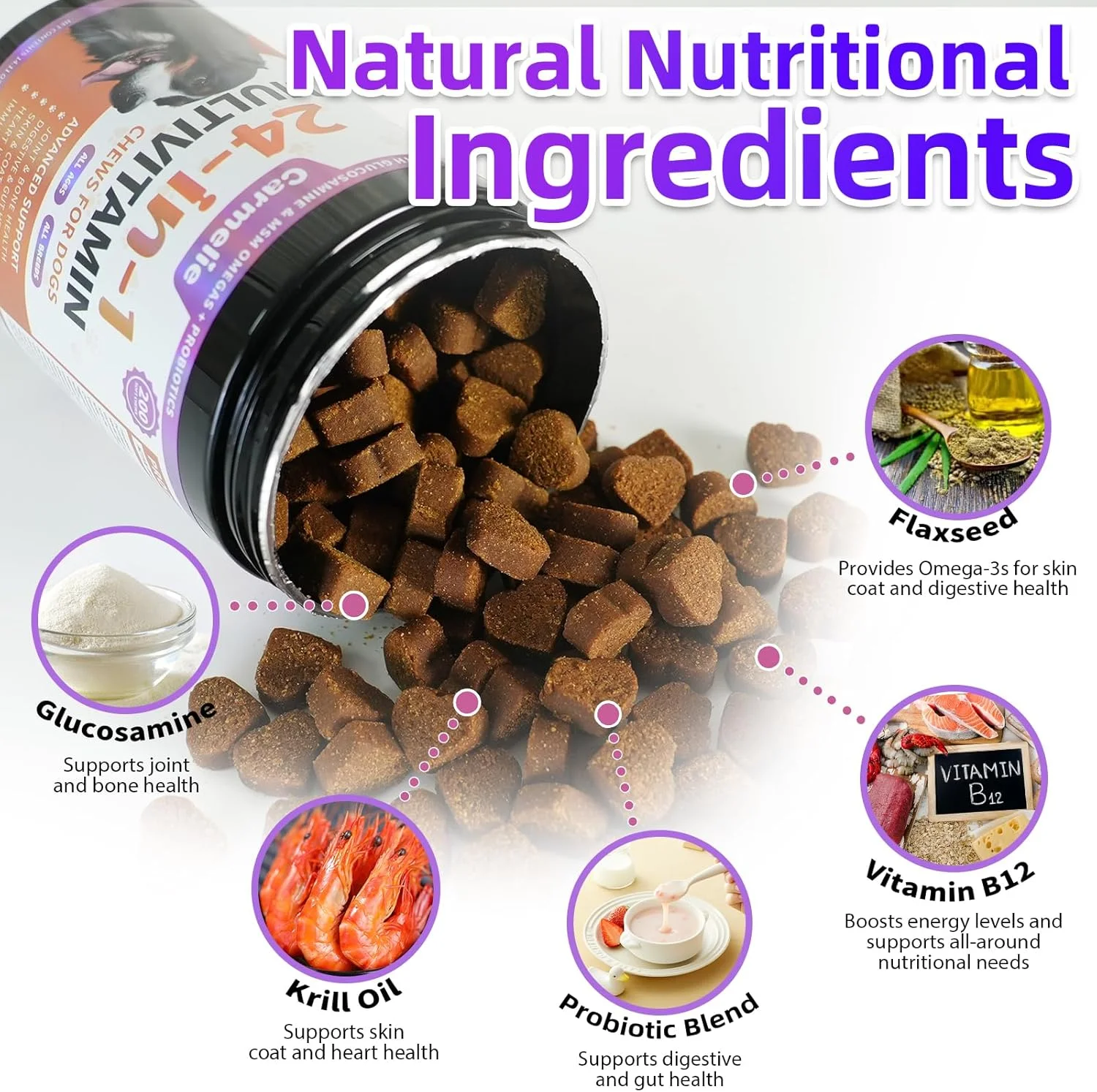 ویتامین های سگ، 24 در 1 مکمل های ویتامین سگ 200 عدد جویدنی با گلوکزامین، پروبیوتیک، امگا 3، مولتی ویتامین های جویدنی برای مفصل ران و مفاصل، پوست و پوشش، سلامت ایمنی، گوارش (طعم مرغ)