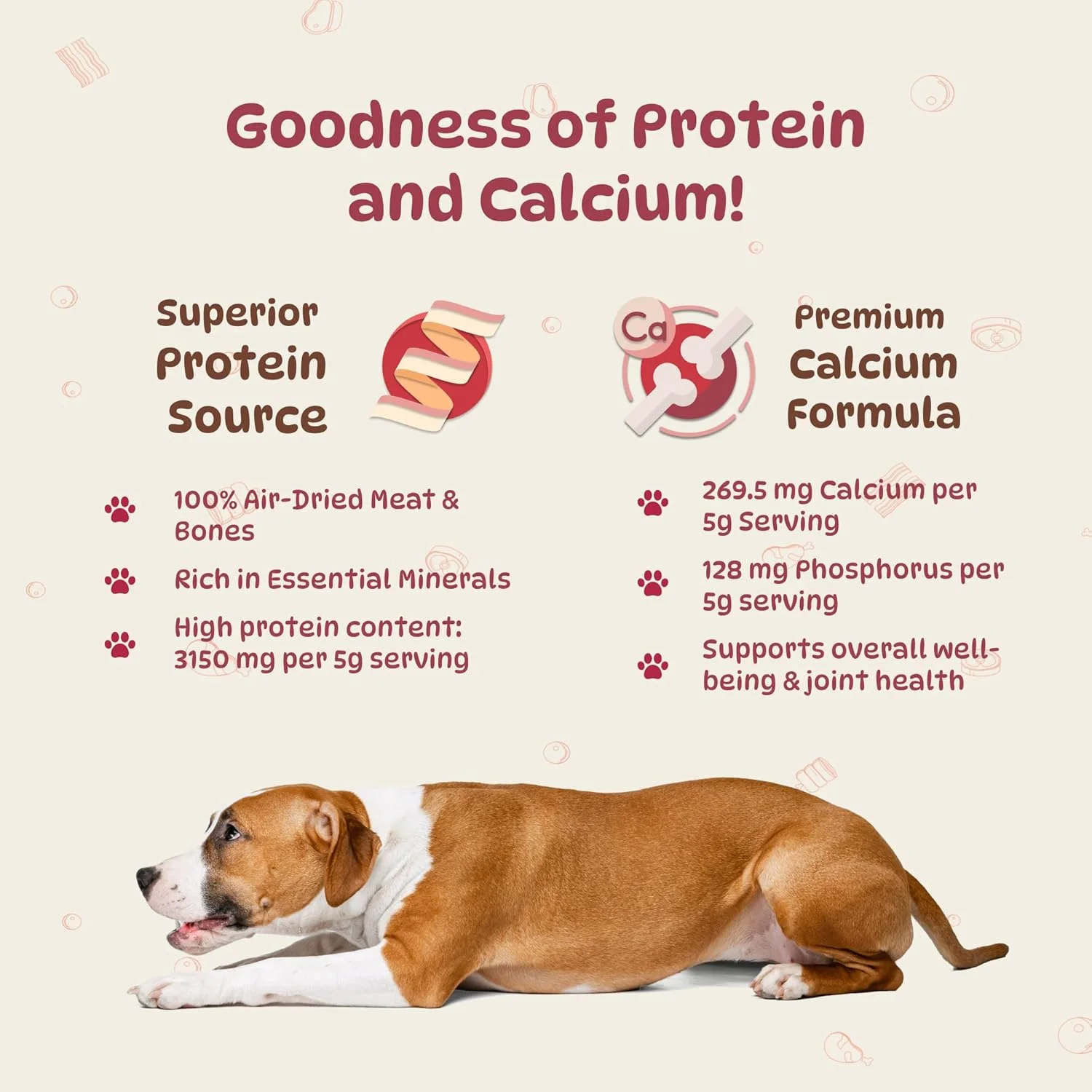 مکمل کلسیم و پروتئین سگ برپی تیلز - مکمل استخوان برای سگ های بالغ و توله سگ، پشتیبانی از مفاصل و ملزومات سلامتی حیوانات خانگی، مکمل غذایی روزانه آسان، فرم پودری، 225 گرم