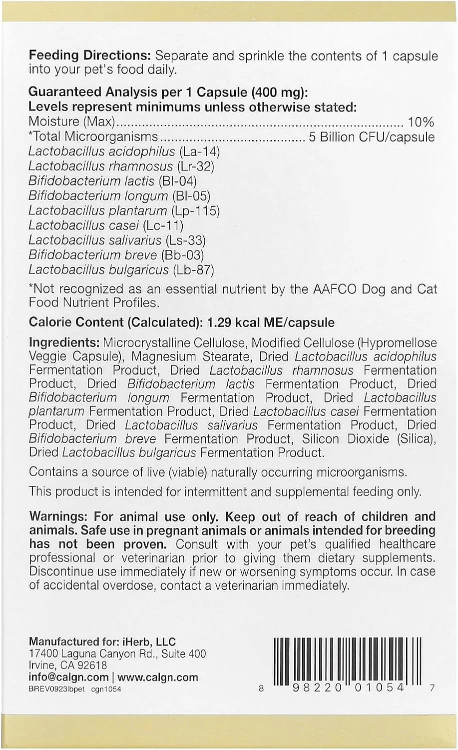 کپسول های پروبیوتیک حیوانات خانگی لاکتوبیف California Gold Nutrition، حاوی 5 میلیارد CFU، 60 عدد کپسول گیاهی