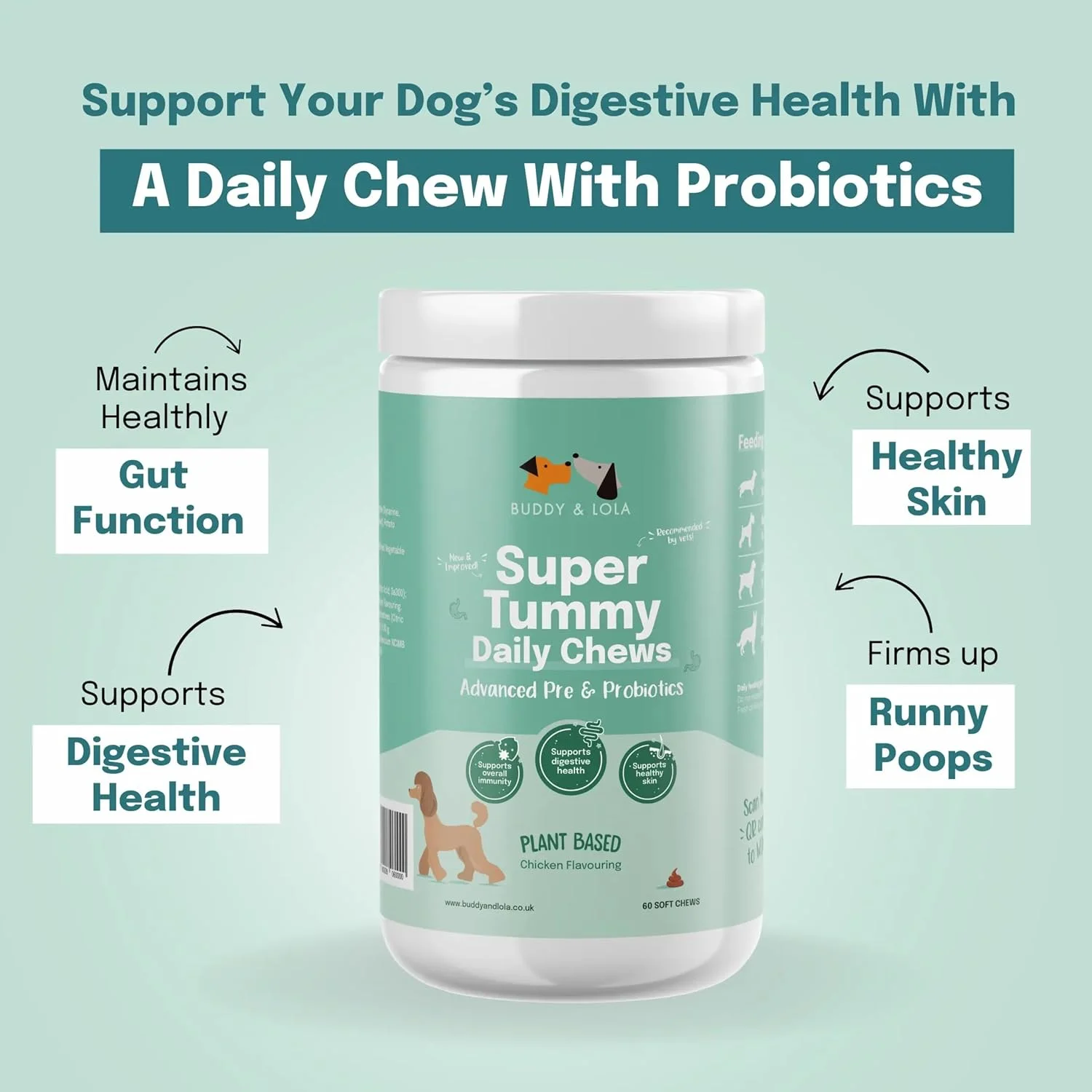 پری‌بیوتیک و پروبیوتیک سگ بادی اند لولا - خوراکی‌های جویدنی پروبیوتیک روزانه برای سلامت دستگاه گوارش - پری‌بیوتیک‌ها، پروبیوتیک‌ها و فیبر مفید برای روده بهتر - مدفوع سفت