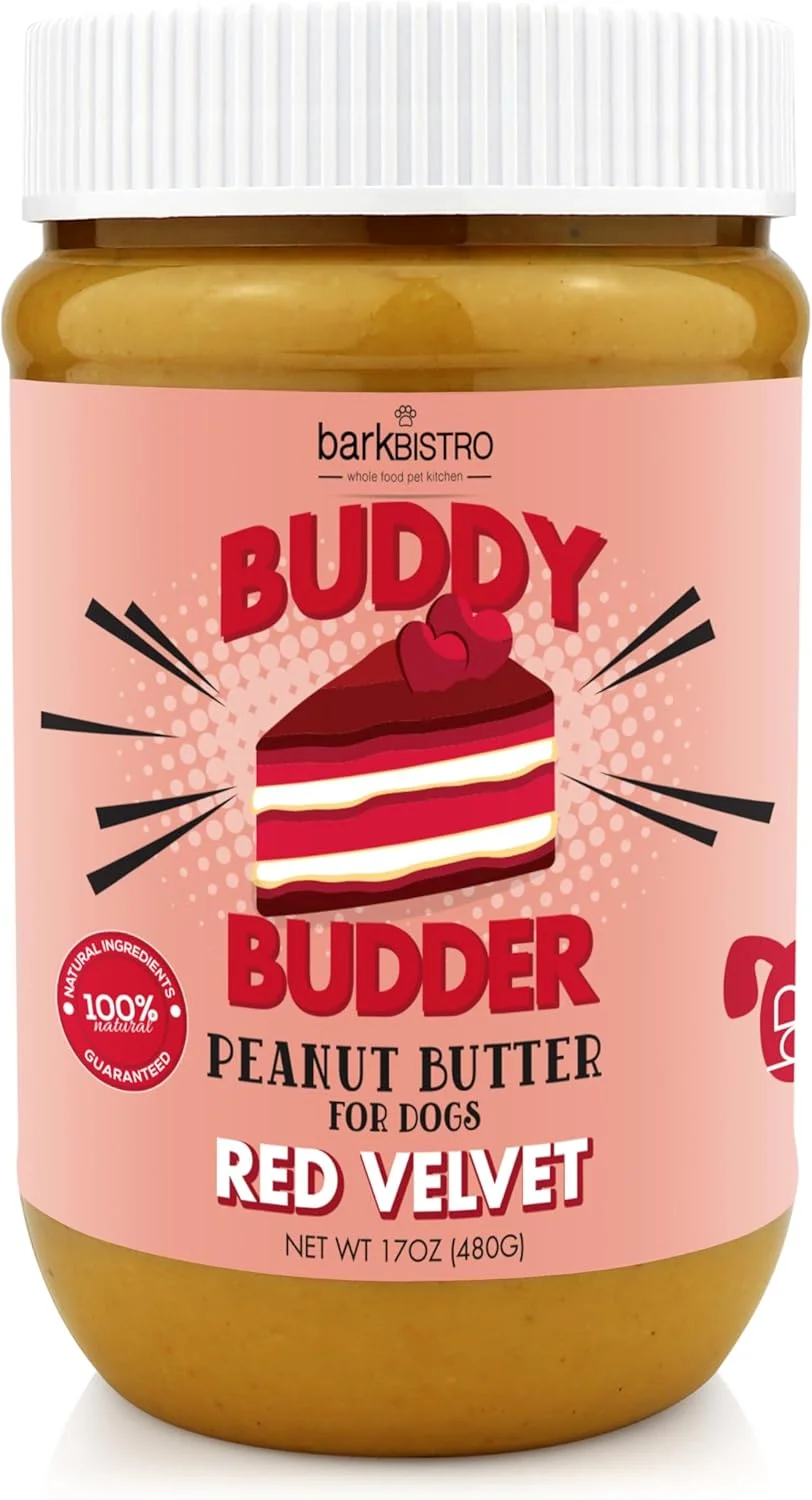 کره بادام زمینی سگ BUDDY BUDDER با طعم رد ولوت، 100% طبیعی، تشویقی سگ، ساخت آمریکا (482 گرم)