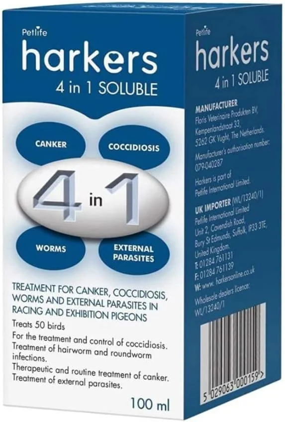 محلول چهار در یک هارکرز برای درمان شانکر، کوکسیدیوز، کرم ها و انگل های کبوتر، ۱۰۰ میلی لیتر محلول چهار در یک هارکرز برای درمان شانکر، کوکسیدیوز، کرم ها و انگل های کبوتر، ۱۰۰ میلی لیتر