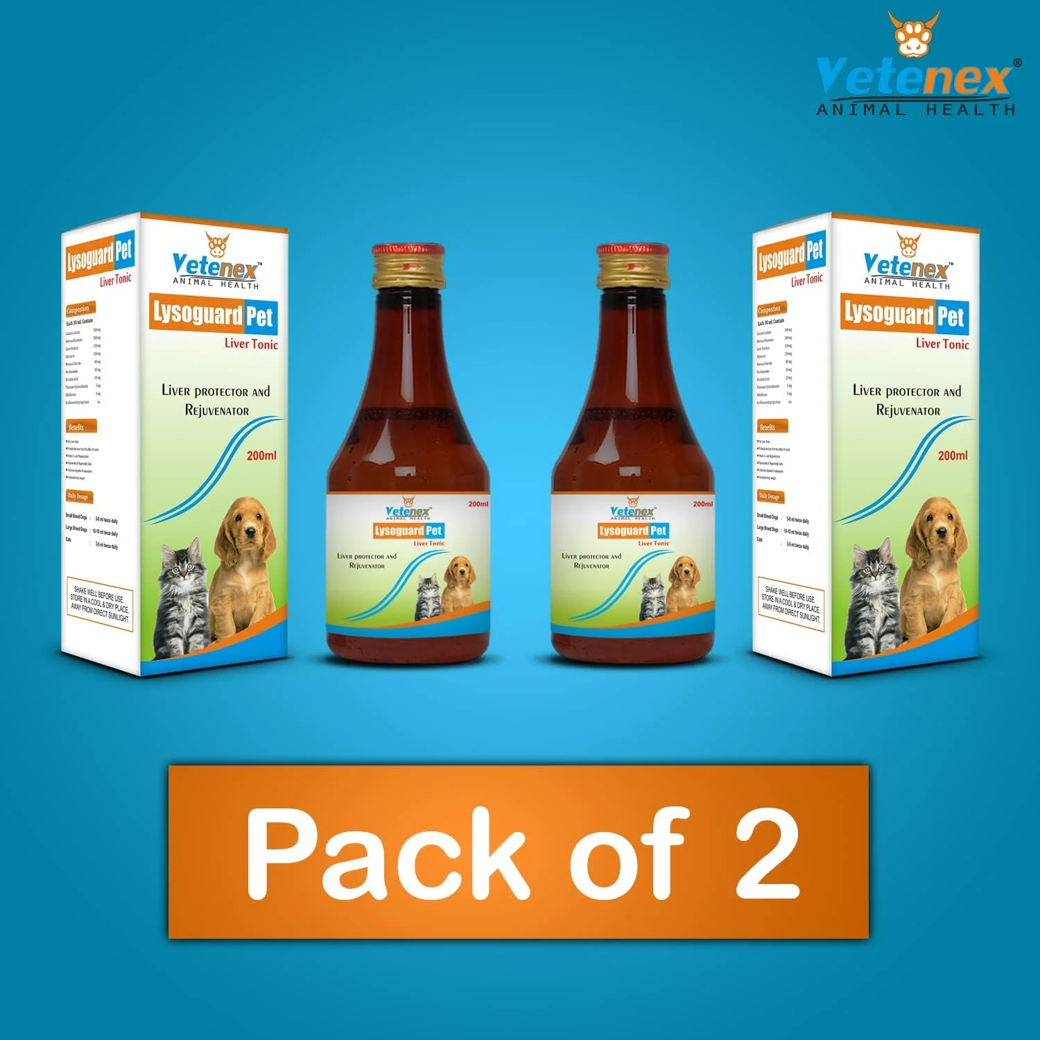 تونیک مکمل کبد Lysoguard-Pet، تقویت کننده اشتها برای سگ، توله سگ و گربه (200 میلی لیتر x 2) بسته 2 عددی