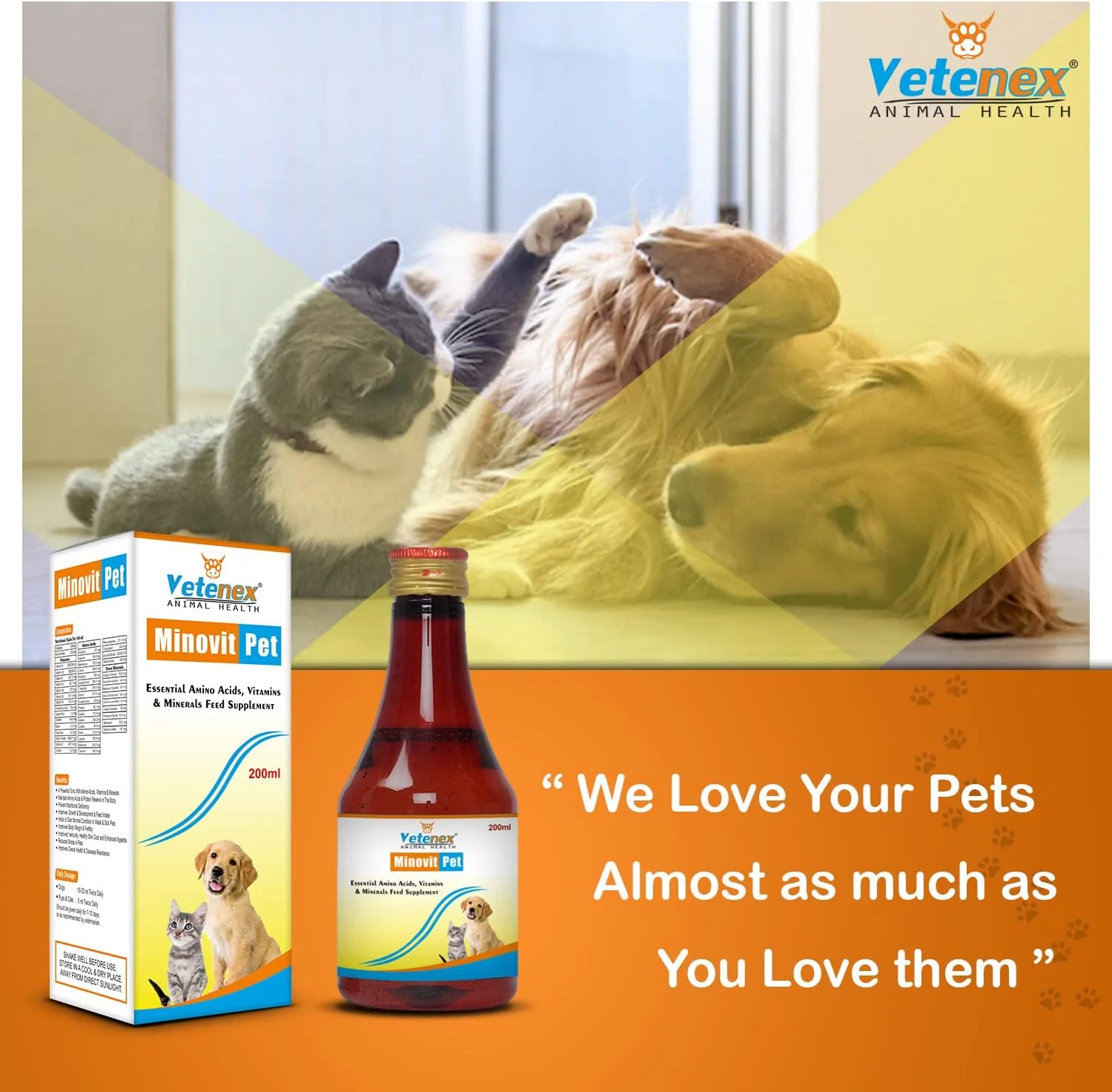 شربت مکمل مینovit پت - مولتی ویتامین های ضروری، آمینو اسیدها و مواد معدنی به همراه آنتی اکسیدان و تقویت کننده سیستم ایمنی برای سگ ها، توله سگ ها و گربه ها - 200 میلی لیتر