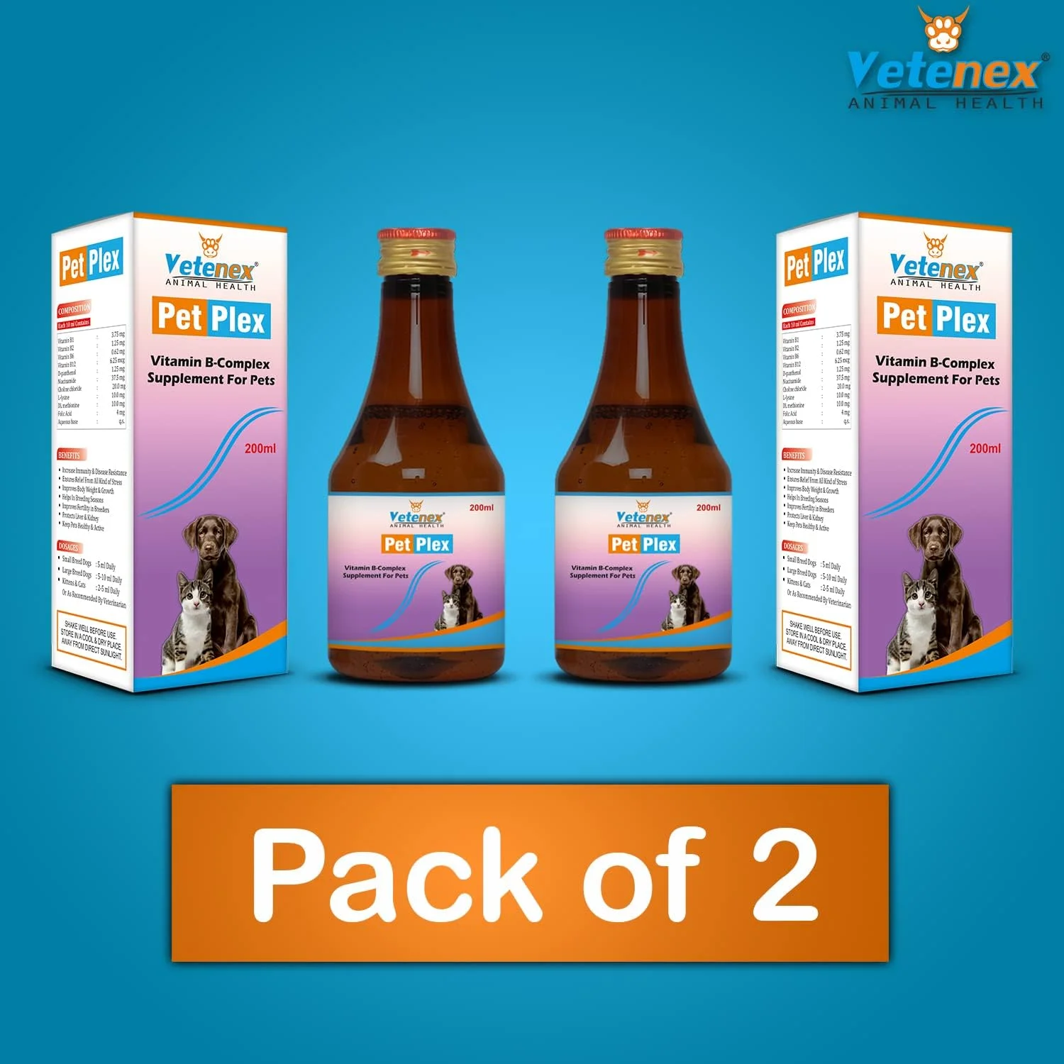 محلول مکمل ویتامین B-کمپلکس و آمینو اسید مخصوص سگ، توله سگ و گربه (200 میلی لیتر x 2) بسته 2 عددی