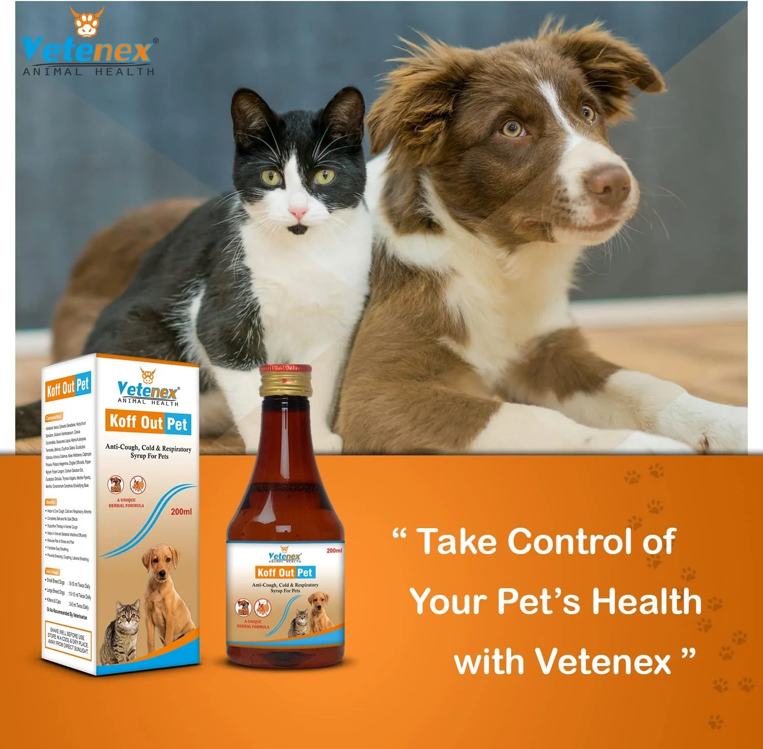 شربت ضد سرفه حیوانات خانگی کاف اوت پت - مناسب برای سگ، توله سگ و گربه - 200 میلی لیتر