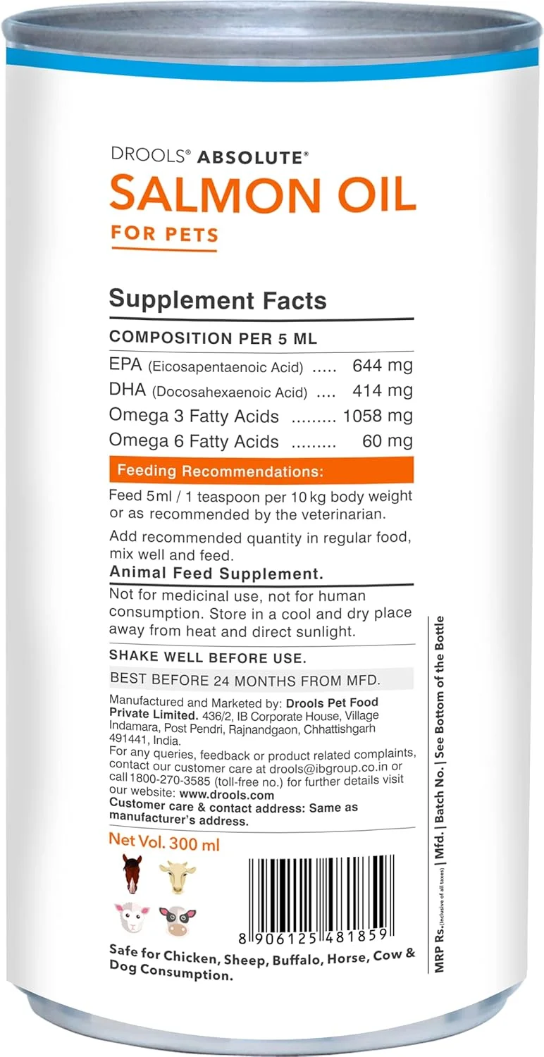 شربت روغن سالمون Drools Absolute، مکمل سگ، ایده آل برای سگ های تمام نژادها و سنین، عالی برای توله سگ های باردار یا شیرده، بدون افزودنی های مصنوعی - (300 میلی لیتر)