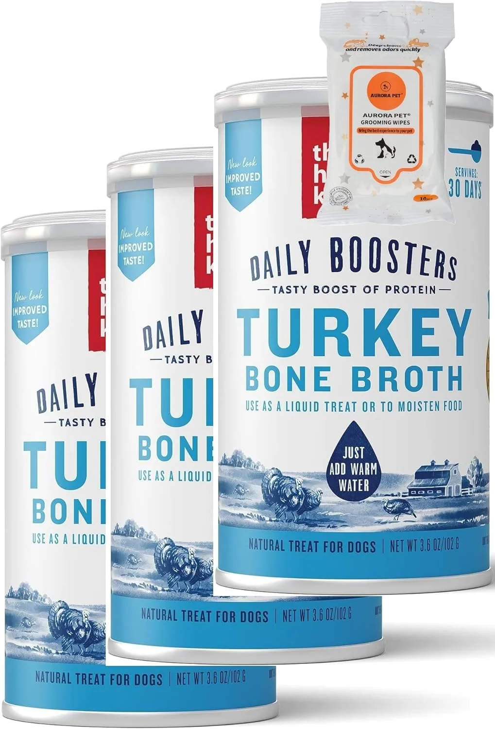 مجموعه بسته حیوانات خانگی آرورا (3) تقویت کننده های روزانه آبگوشت فوری استخوان بوقلمون به همراه دستمال مرطوب آرورا پت