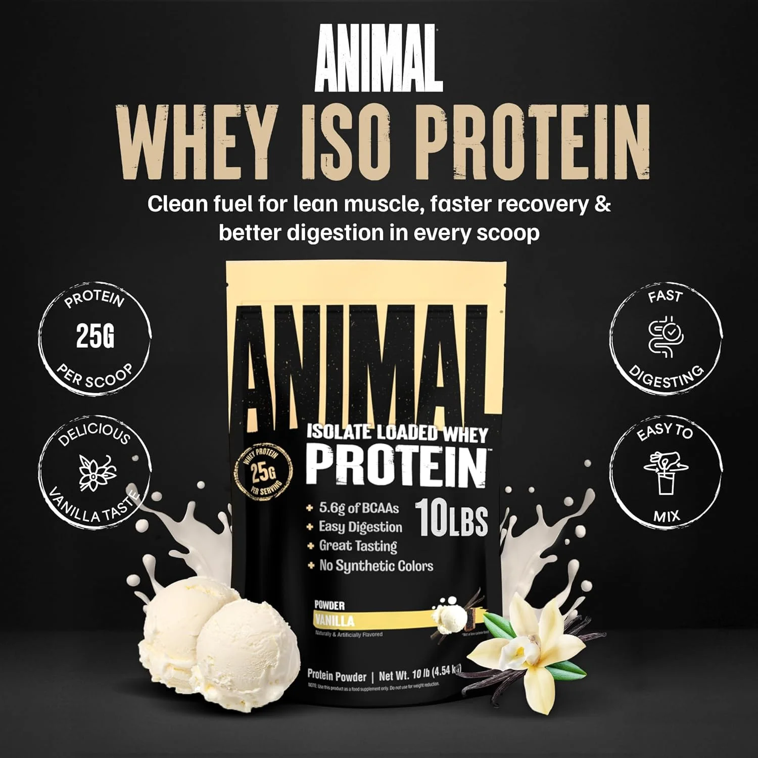 پودر پروتئین وی ایزوله Animal Whey – ایزوله برای بعد از تمرین و ریکاوری – کم شکر با پروتئین وی ایزوله با قابلیت هضم بالا - وانیلی - 4.5 کیلوگرم