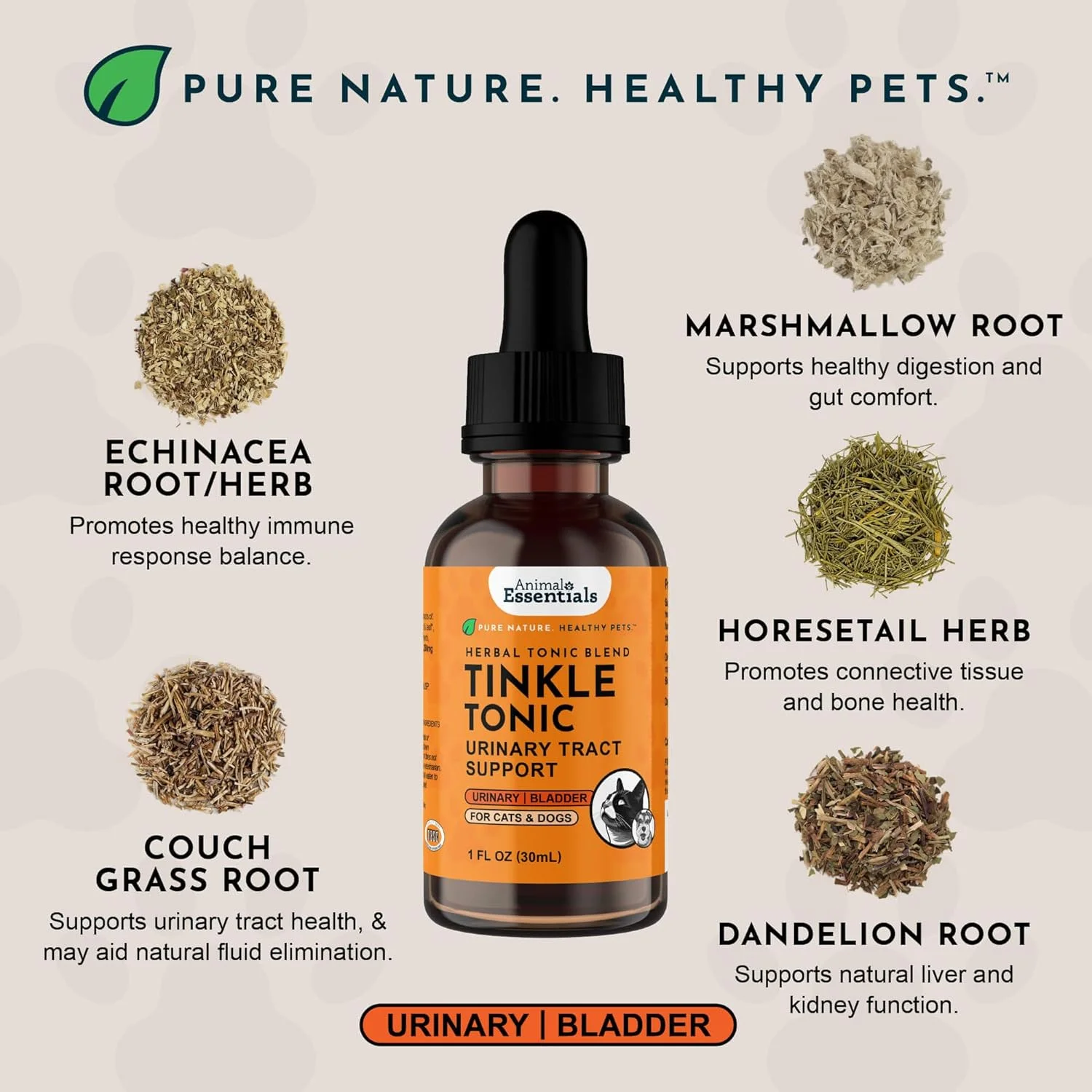 تونیک گیاهی Animal Essentials برای سگ و گربه، سلامت دستگاه ادراری، پشتیبانی از کلیه، گیاهان درجه انسانی 100% ارگانیک - 2 fl oz