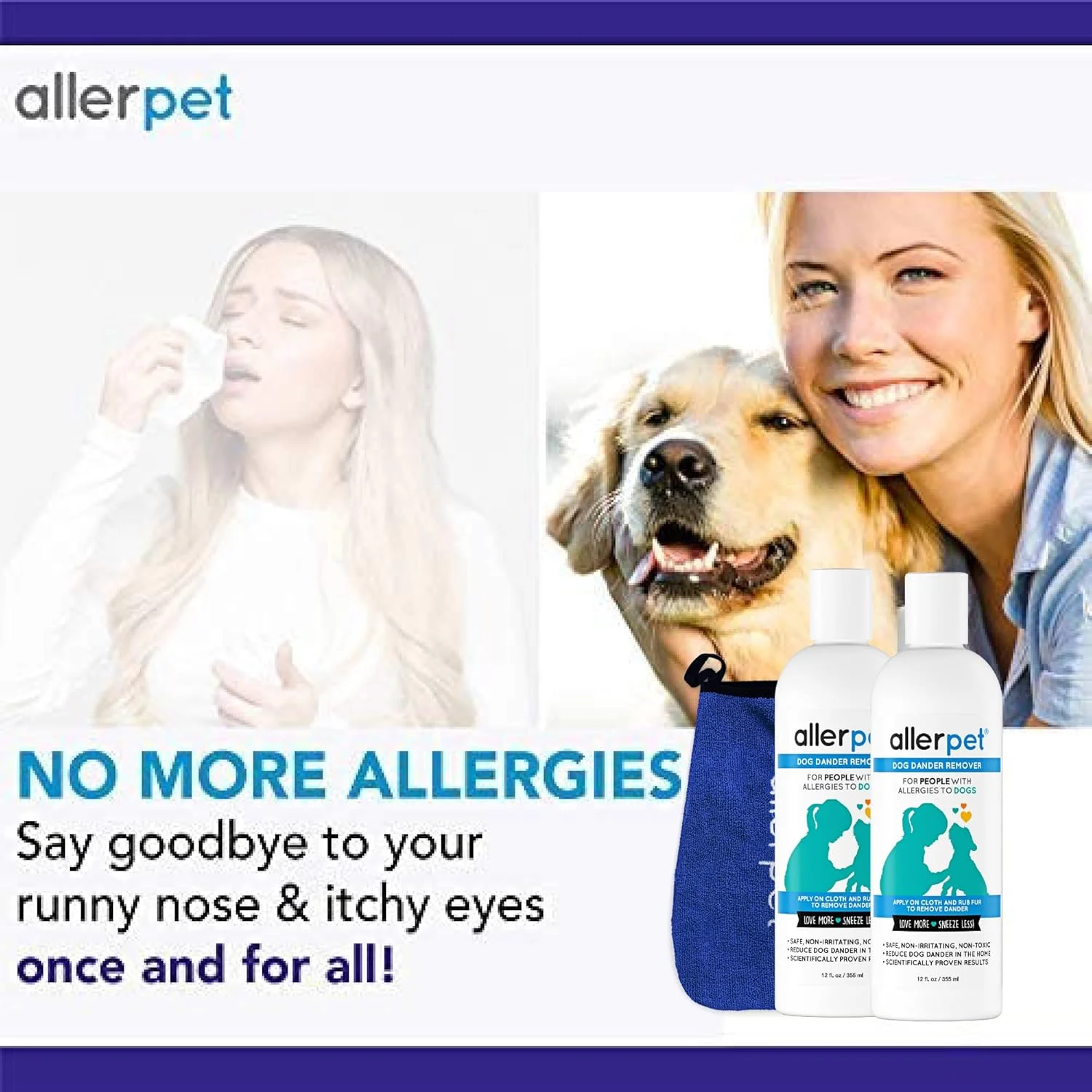محلول ضد آلرژی سگ Allerpet به همراه دستکش اپلیکاتور رایگان - بهترین پاک کننده شوره حیوانات خانگی برای مواد آلرژی زا - مناسب برای درمان خشکی پوست سگ - مناسب برای پوست و مو - بسته 2 عددی (355 میلی لیتر)
