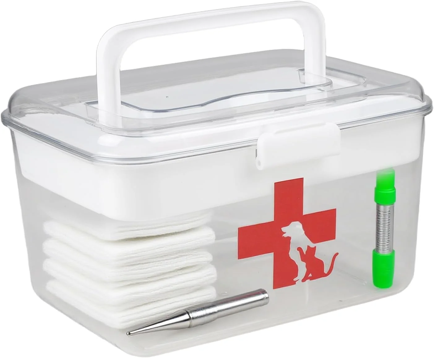 جعبه کمک های اولیه سگ گربه - جعبه داروی حیوانات خانگی 2 لایه با دسته - جعبه نگهداری شفاف برای داروخانه حیوانات خانگی و داروخانه مسافرتی - سازمان دهنده پلاستیکی برای سگ و گربه