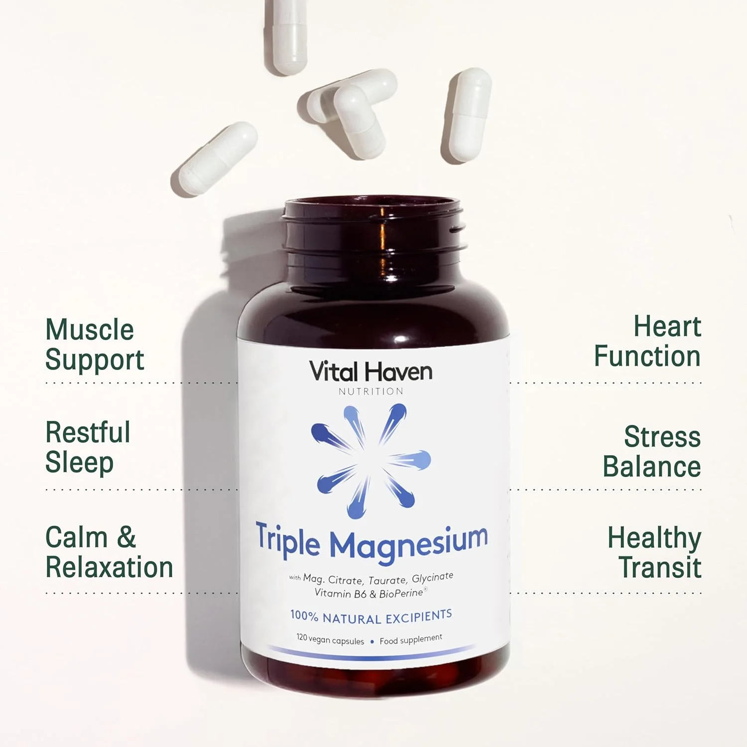 فرمول سه گانه پیچیده - سیترات منیزیم + گلیسینات + تورات و ویتامین B6 با بیوپرین برای حداکثر جذب - حداکثر قدرت - مواد اولیه ممتاز - وگان - ساخت انگلستان