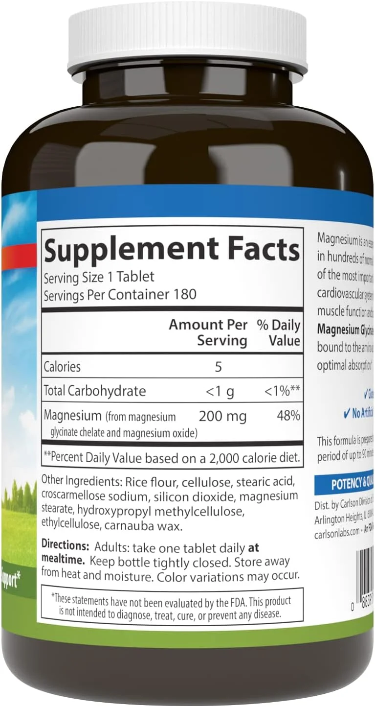 کارلسون لبز - منیزیم کلاته 200 میلی گرم، 180 قرص