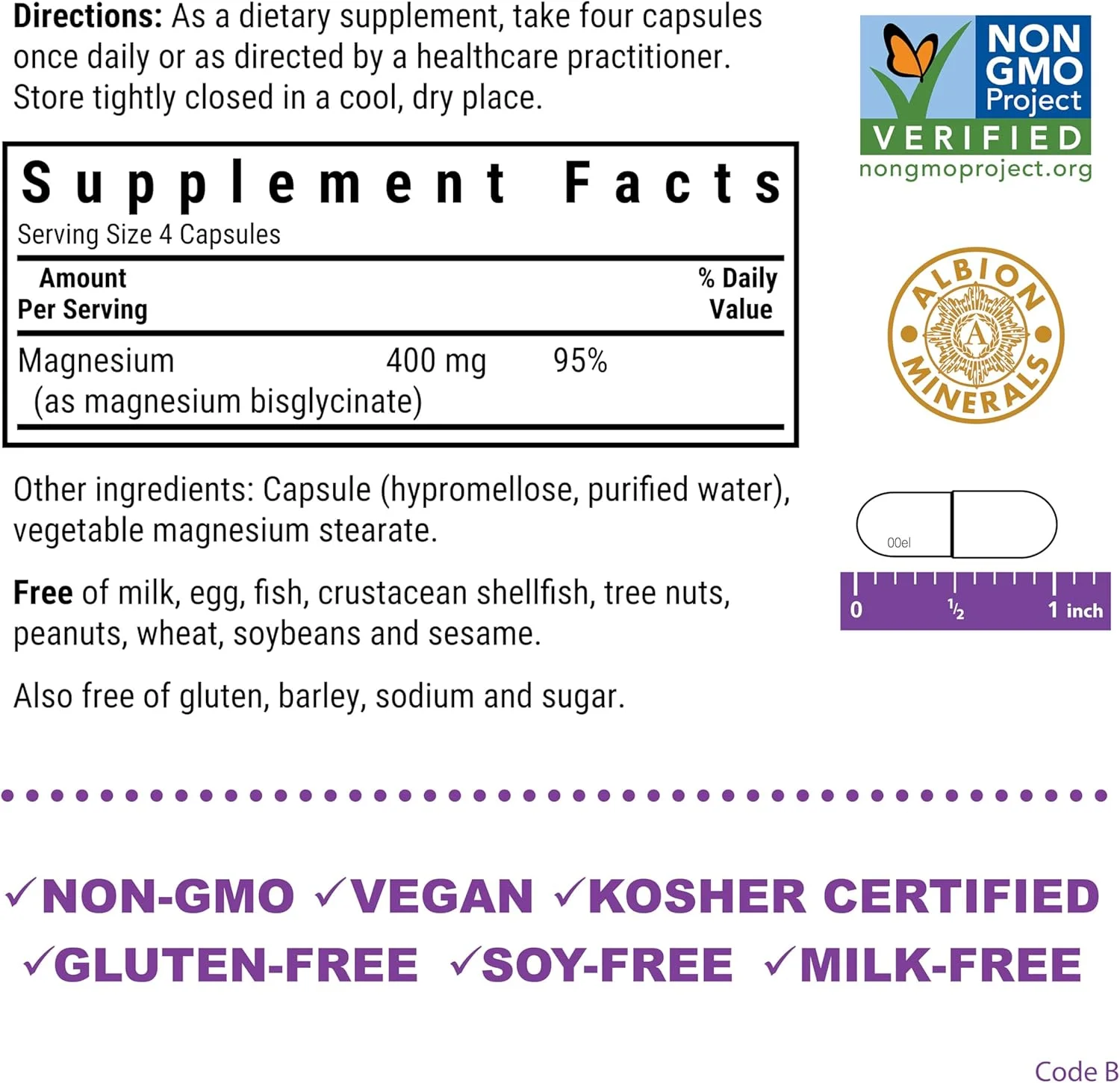 بلو بونت نوتریشن منیزیم گلیسینات 400 میلی گرم، کمپلکس معدنی با حداکثر جذب، پشتیبانی از تولید انرژی و عملکرد آنزیم - غیر تراریخته، بدون سویا، بدون گلوتن - 120 کپسول گیاهی