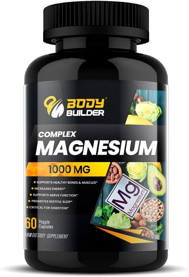 کپسول منیزیم ۱۰۰۰ میلی گرمی بادی بیلدینگ - پشتیبانی از استخوان، عضله و عصب - افزایش انرژی و کمک به خواب - پشتیبانی از هضم - 60 کپسول گیاهی
