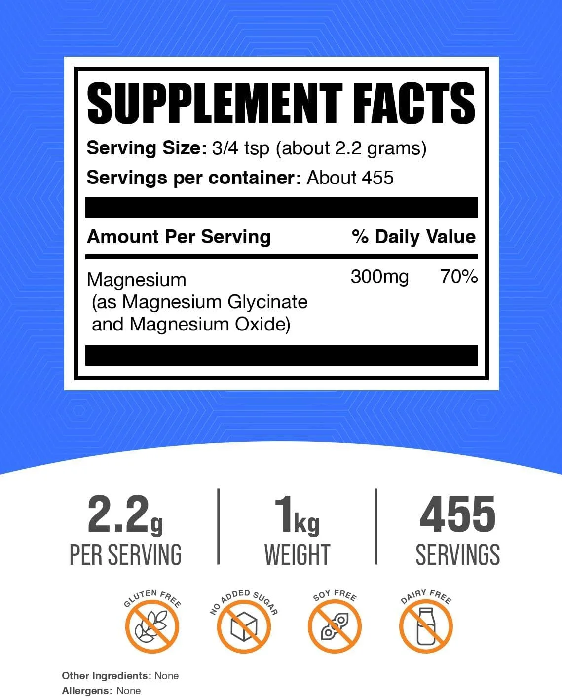 پودر منیزیم گلیسینات BulkSupplements.com - مکمل منیزیم برای استخوان و عضله - بدون گلوتن - 1250 میلی گرم (225 میلی گرم منیزیم) در هر وعده، 800 وعده (1 کیلوگرم - 2.2 پوند)