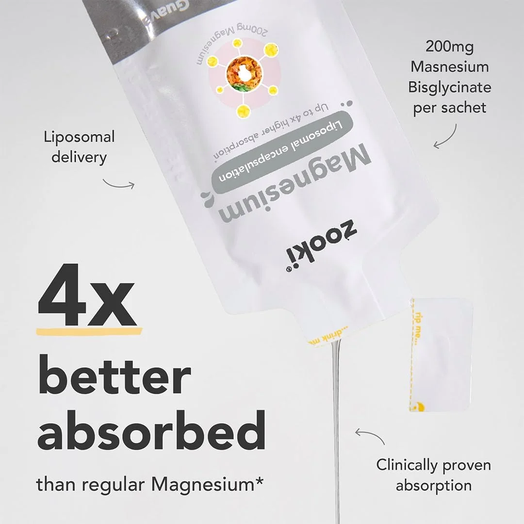 زوکي، ساشه های مایع منیزیم بیس گلیسینات لیپوزومال 1500 میلی گرم، 200 میلی گرم منیزیم المنتال | جذب 4 برابر بیشتر | خواب، استرس، عملکرد عضلات، گرفتگی عضلات، سلامت قلب (طعم آناناس گواوا 30 عدد 15 میلی لیتری)