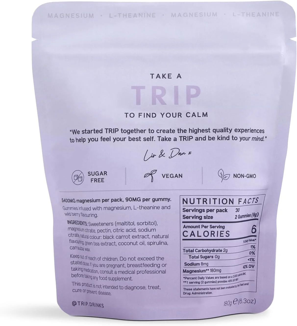 پاستیل سیترات منیزیم TRIP غنی شده با ال تیانین، مکمل منیزیم وگان و بدون شکر برای بزرگسالان، 180 میلی گرم در هر وعده، پاستیل آرامبخش قابل حمل، طعم توت وحشی، 1 بسته - 60 عدد