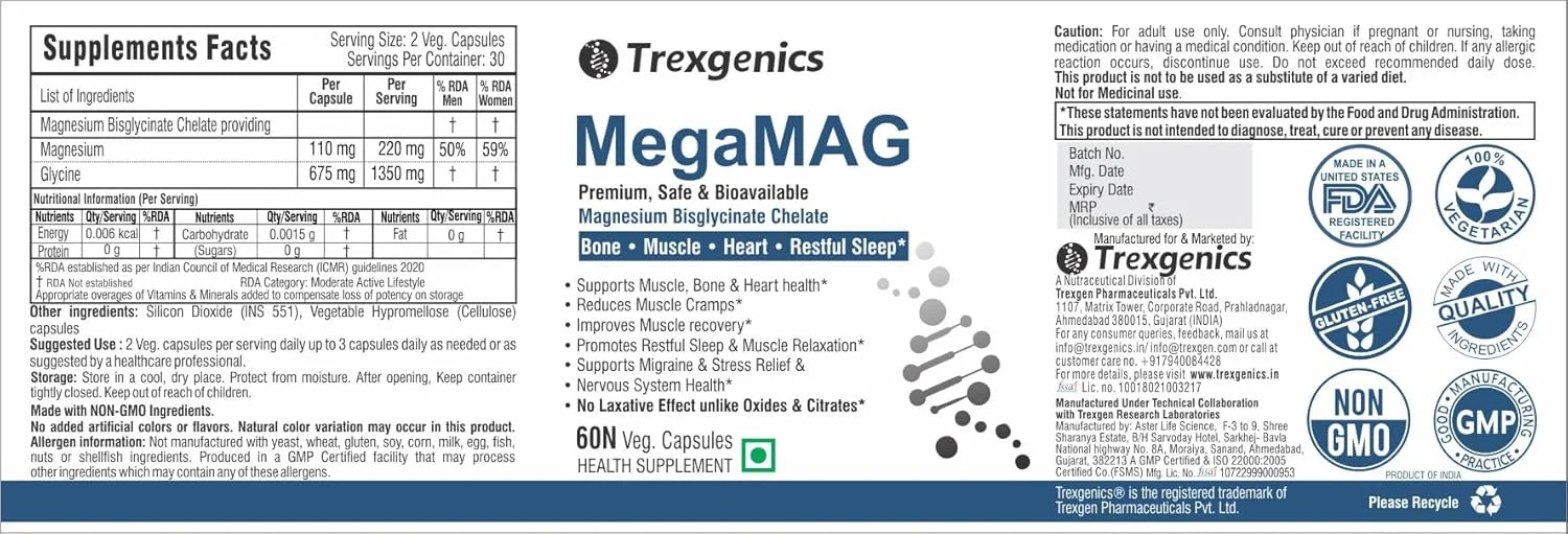مگنیزیم بیس گلیسینات Trexgenics MegaMAG، مگنیزیم المنتال 220 میلی گرم در هر 2 کپسول با مزایای گلیسین - مگنیزیم با قابلیت جذب بالا برای حمایت از خواب، عضله، استخوان و قلب (60 کپسول گیاهی) بسته 2 عددی مگنیزیم بیس گلیسینات Trexgenics MegaMAG، مگنیزیم المنتال 220 میلی گرم در هر 2 کپسول با مزایای گلیسین - مگنیزیم با قابلیت جذب بالا برای حمایت از خواب، عضله، استخوان و قلب (60 کپسول گیاهی) بسته 2 عددی