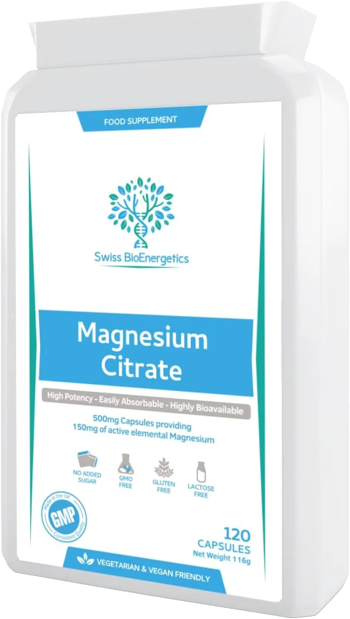 سیترات منیزیم 500 میلی گرم سوییس بایوانرژتیکس، 120 کپسول - تامین کننده 150 میلی گرم منیزیم فعال - قدرت بالا - جذب آسان - فراهمی زیستی بالا - ساخت انگلستان