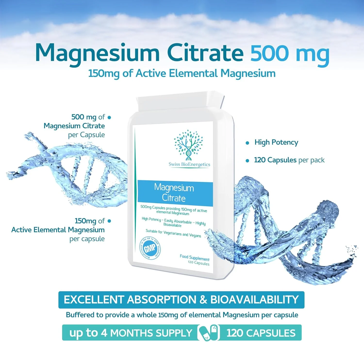 سیترات منیزیم 500 میلی گرم سوییس بایوانرژتیکس، 120 کپسول - تامین کننده 150 میلی گرم منیزیم فعال - قدرت بالا - جذب آسان - فراهمی زیستی بالا - ساخت انگلستان