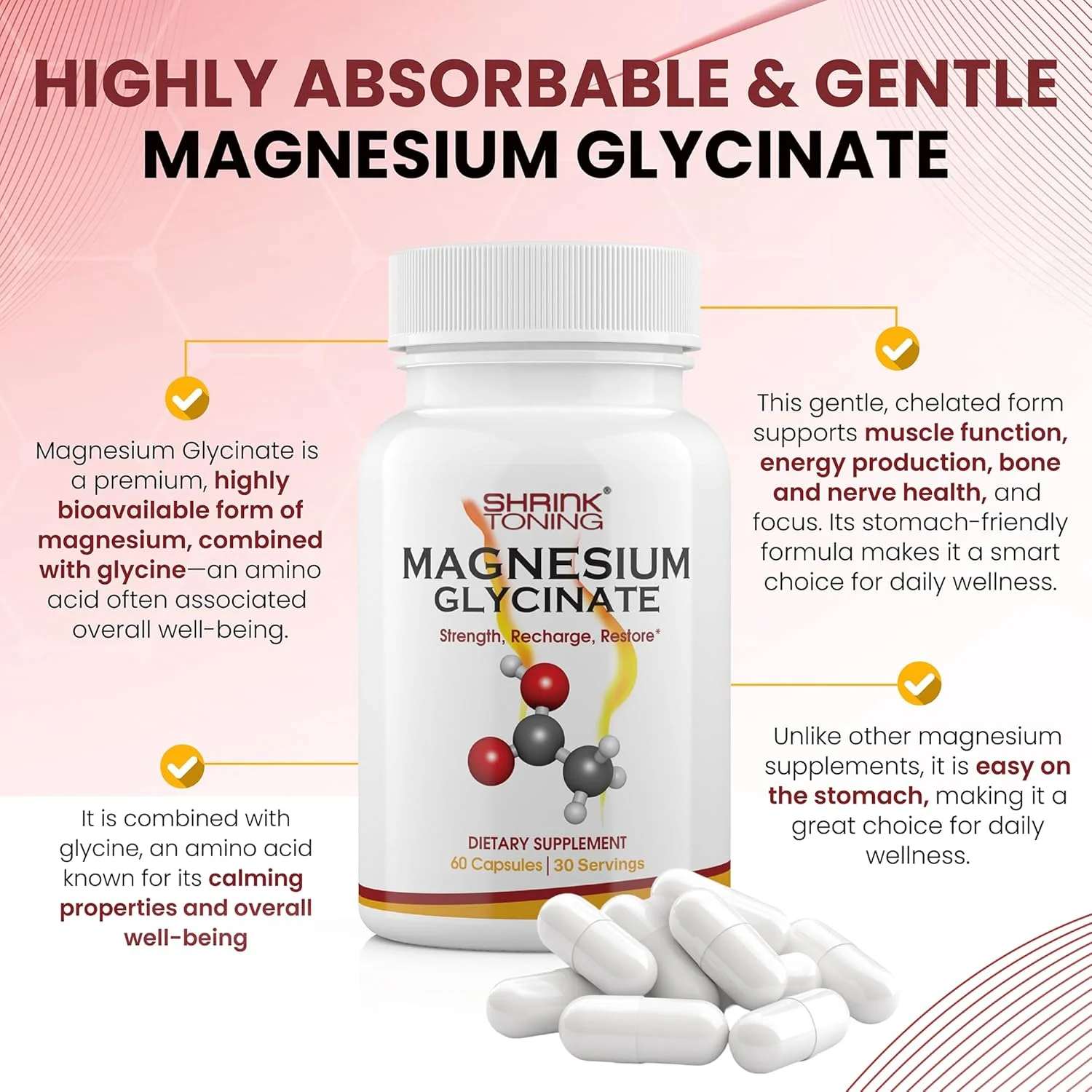 منیزیم گلیسینات 1666 میلی گرم - مکمل منیزیم با جذب بالا - پشتیبانی از عملکرد عضلات - 60 کپسول