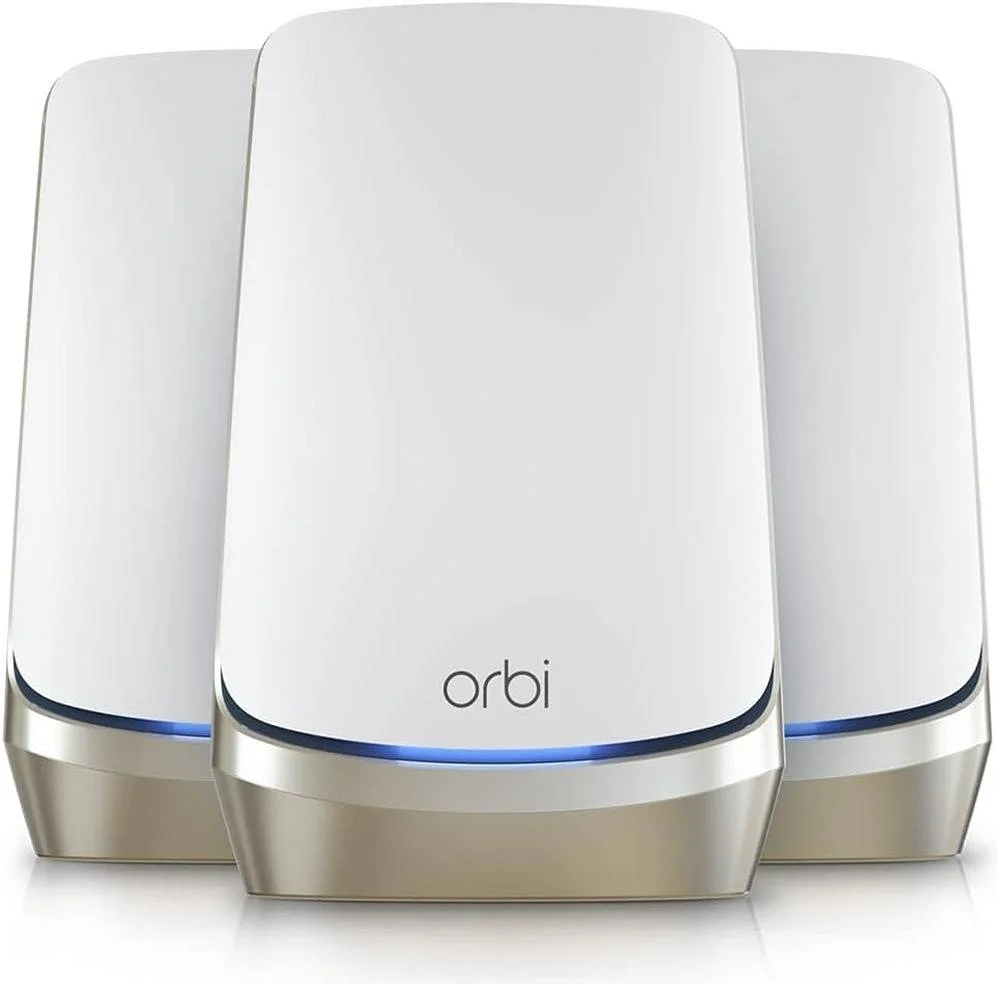 سیستم مش وای فای 6E چهاربانده NETGEAR Orbi، روتر با 2 توسعه دهنده ماهواره ای، سرعت 10.8 گیگابیت بر ثانیه، پوشش تا 836 متر مربع، 200 دستگاه، پورت اینترنت 10 گیگ، سفید | ‎RBKE963-100NAS