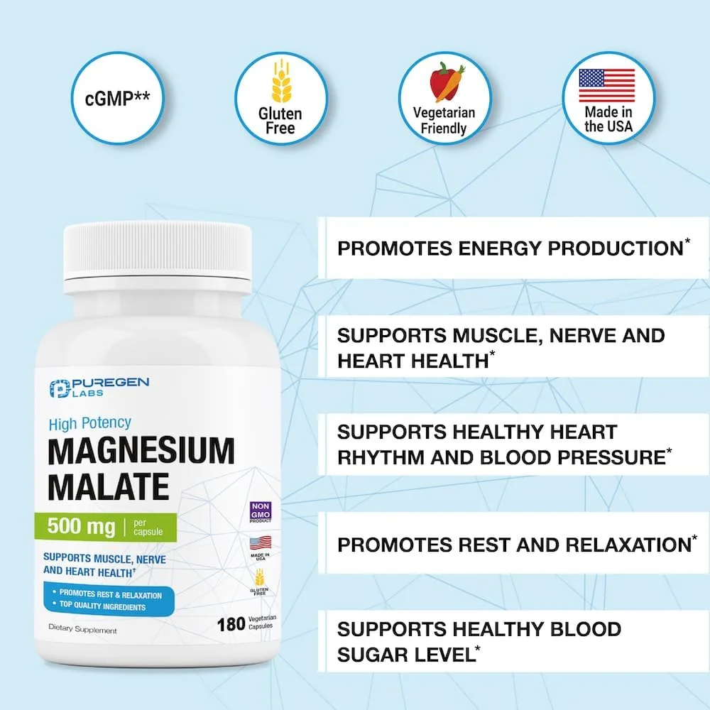 منیزیم مالات 500 میلی گرمی Puregen Labs | منیزیم المنتال با قدرت بالا | 180 کپسول گیاهی، جذب برتر، غیر GMO، بدون گلوتن و لبنیات، پشتیبانی از سلامت عضلات، مفاصل و قلب منیزیم مالات 500 میلی گرمی Puregen Labs | منیزیم المنتال با قدرت بالا | 180 کپسول گیاهی، جذب برتر، غیر GMO، بدون گلوتن و لبنیات، پشتیبانی از سلامت عضلات، مفاصل و قلب