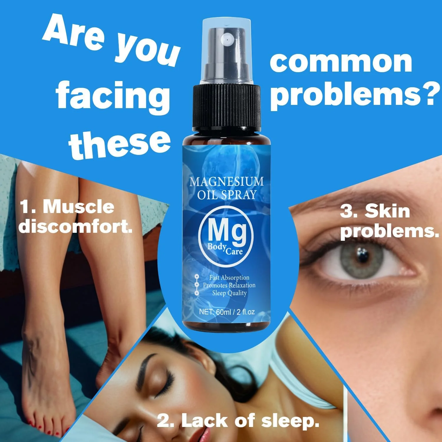 اسپری روغن منیزیم ارگانیک ممتاز، 100% خالص، اسپری مواد معدنی با جذب سریع برای صورت، بدن و پاها، فرمول سبک وزن در بطری شیشه ای سازگار با محیط زیست، 60 میلی لیتر