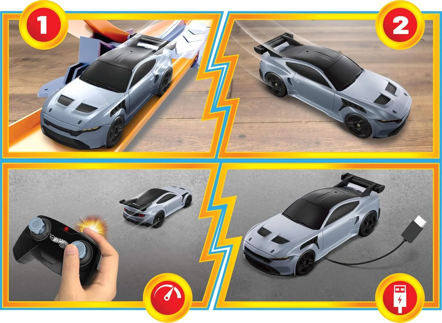 ماشین اسباب بازی کنترلی هات ویلز، فورد موستانگ با مقیاس 1:64 و کنترل از راه دور کامل، دکمه تقویت کننده برای مسابقه و انجام حرکات نمایشی در داخل و خارج از پیست، شارژ با کابل USB