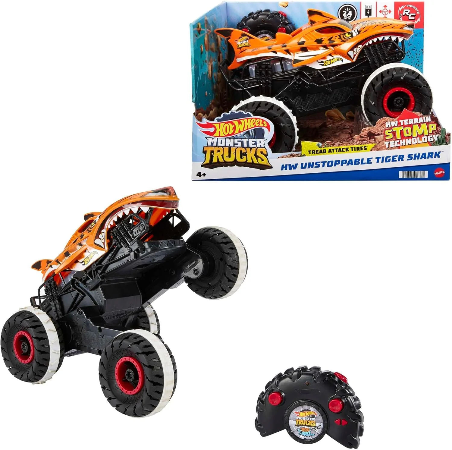 ماشین کنترلی هات ویلز Monster Trucks مدل Tiger Shark، مقیاس 1:15 با چرخ‌های مناسب تمام سطوح