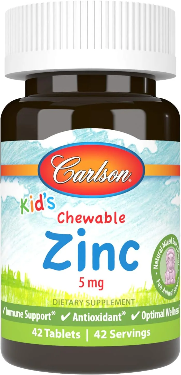 کارلسون - زینک جویدنی کودکان، 5 میلی گرم، پشتیبانی از سیستم ایمنی، قدرت آنتی اکسیدانی، طعم توت مخلوط طبیعی، 42 قرص
