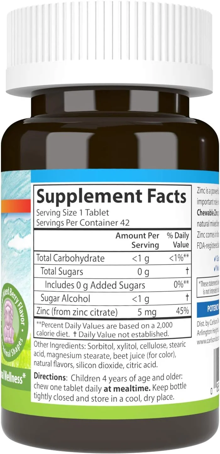 کارلسون - زینک جویدنی کودکان، 5 میلی گرم، پشتیبانی از سیستم ایمنی، قدرت آنتی اکسیدانی، طعم توت مخلوط طبیعی، 42 قرص