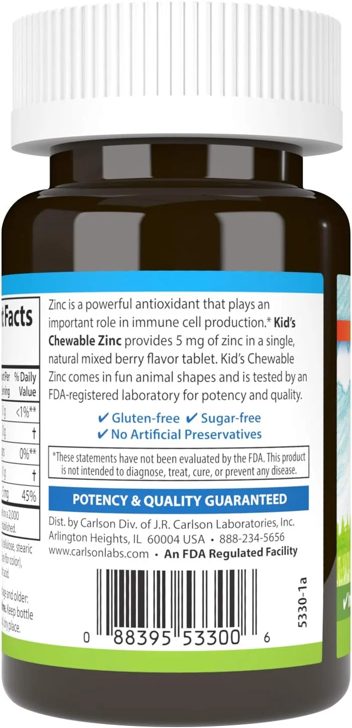 کارلسون - زینک جویدنی کودکان، 5 میلی گرم، پشتیبانی از سیستم ایمنی، قدرت آنتی اکسیدانی، طعم توت مخلوط طبیعی، 42 قرص