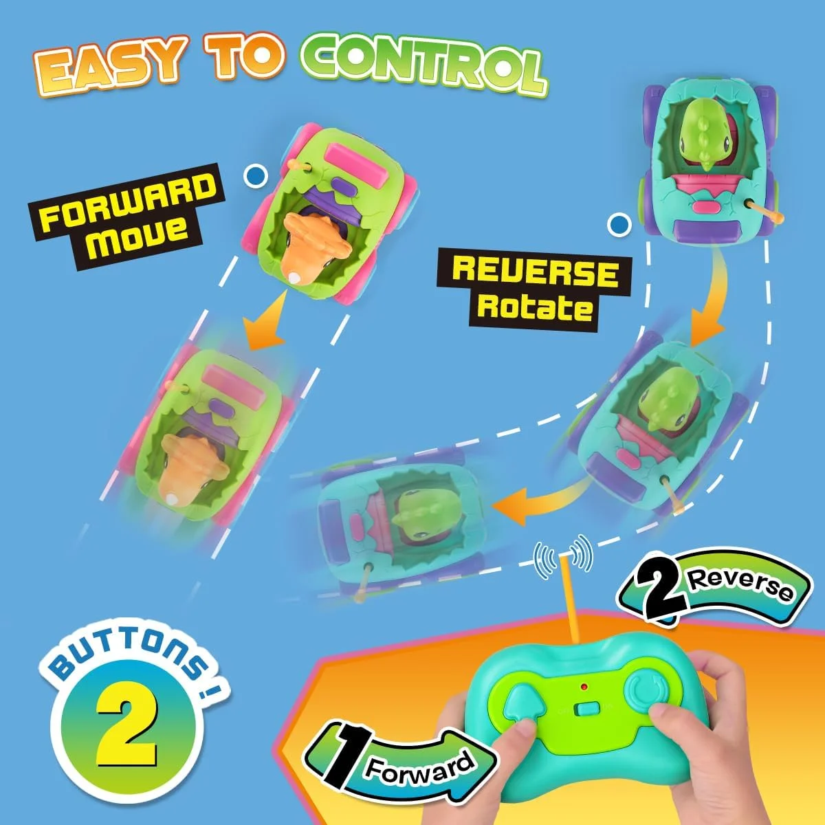 ماشین کنترلی Nueplay برای کودکان 2، 3، 4 و 5 ساله، ماشین اسباب بازی کنترلی برقی با نور و موسیقی، اسباب بازی دایناسور کودکانه (آبی + سبز)