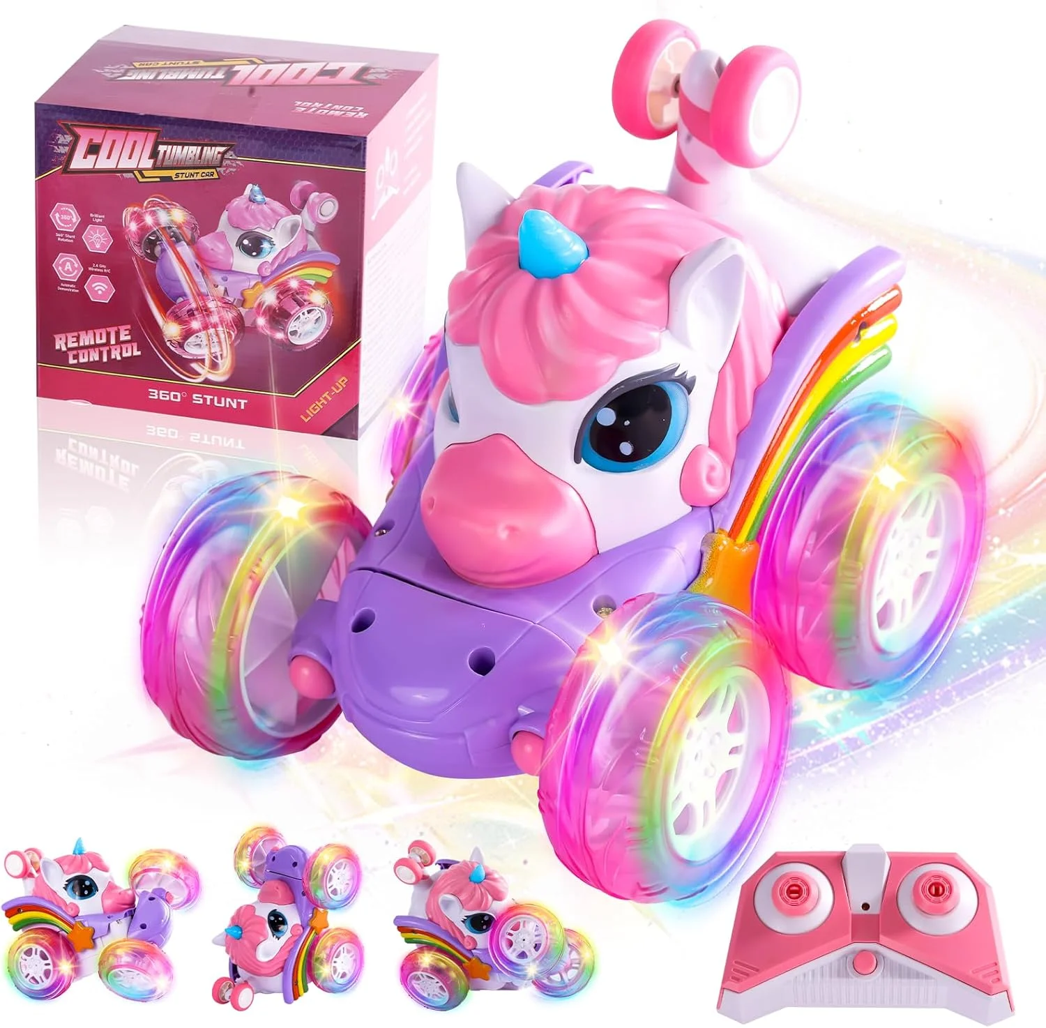 ماشین کنترلی تک شاخ برای دختران، چرخش 360 درجه، ماشین های بدلکاری 4WD با چراغ های LED جذاب و زیبا، ماشین اسباب بازی 2.4 گیگاهرتز با شارژ مستقیم USB، هدیه تولد برای دختران 3-6 7-9 ساله