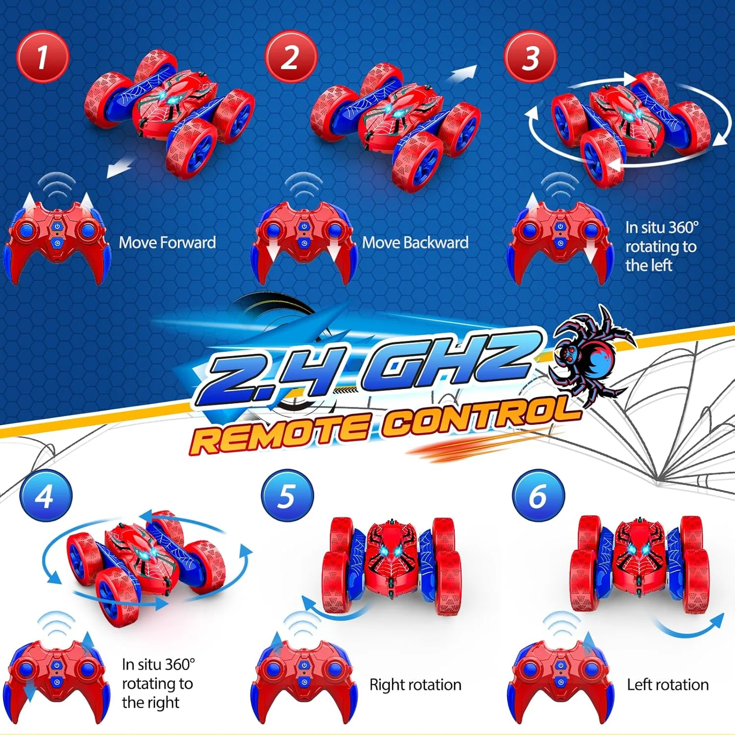ماشین کنترلی عنکبوتی، ماشین دریفت کنترلی دو طرفه با قابلیت چرخش 360 درجه، 4WD شارژی، اسباب بازی برای پسران 3 تا 12 سال، اسباب بازی برای کودکان 5-7 سال و 8-13 سال (قرمز)