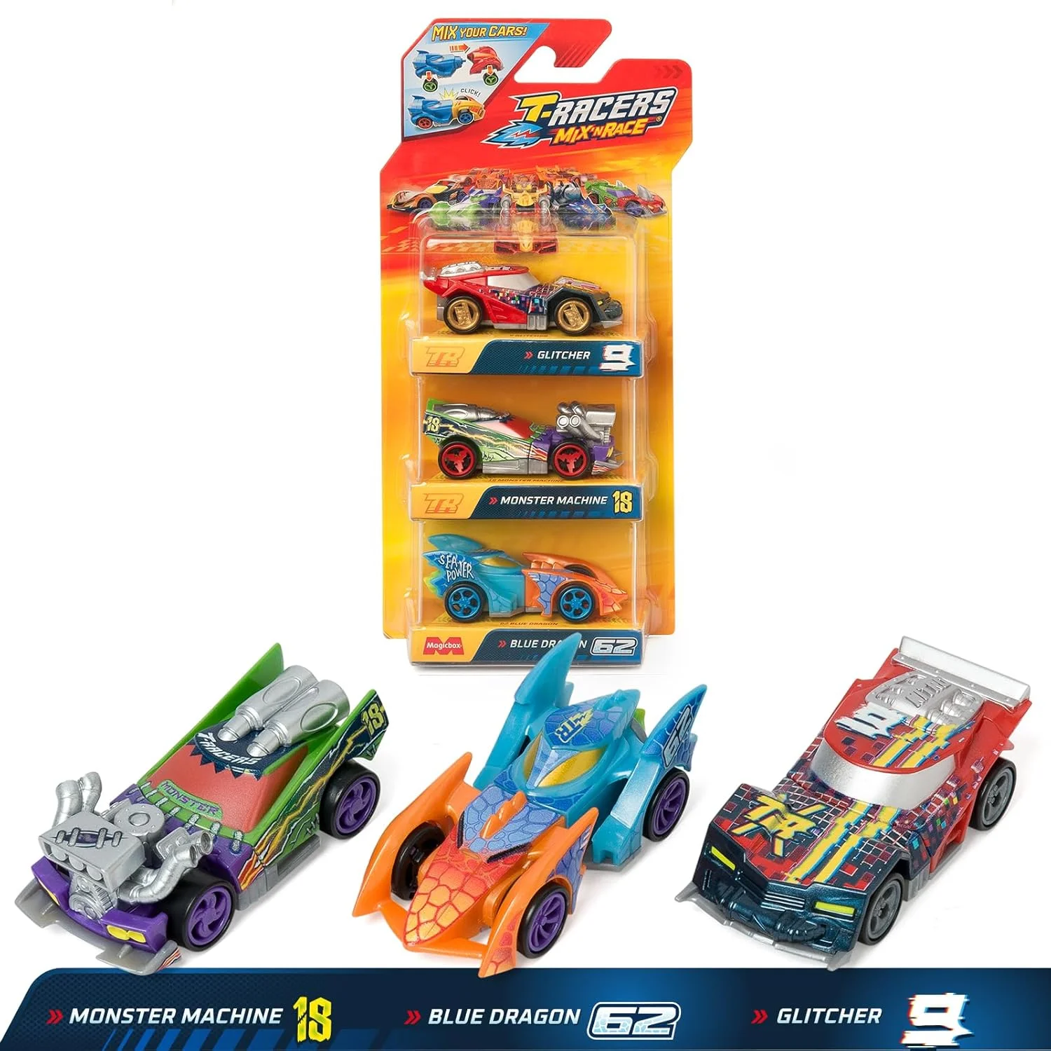 تی-ریسرز پک 3 عددی Mix ´N RACE – بسته 3 ماشین کلکسیونی. هر ماشین را می توان به دو قسمت تقسیم کرد و قطعات و چرخ ها را تعویض کرد. بسته 3/4
