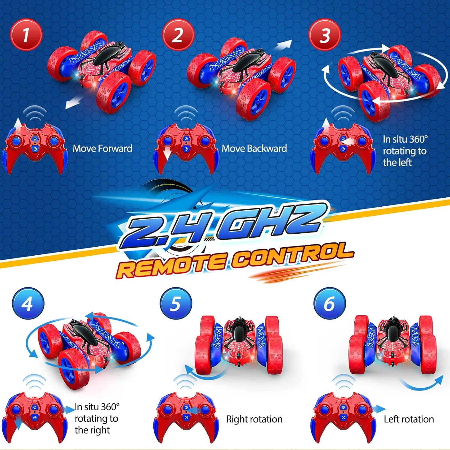 اسباب بازی های عنکبوتی برای پسران 4-6 سال، چرخش 360 درجه، 2.4 گیگاهرتز، ماشین کنترلی از راه دور 4WD شارژی سریع، اسباب بازی پسرانه برای سنین 4-6 5-7 6-8، اسباب بازی ماشین RC در فضای باز هدیه برای تولد، کریسمس، هالووین، عید پاک، پسران و دختران
