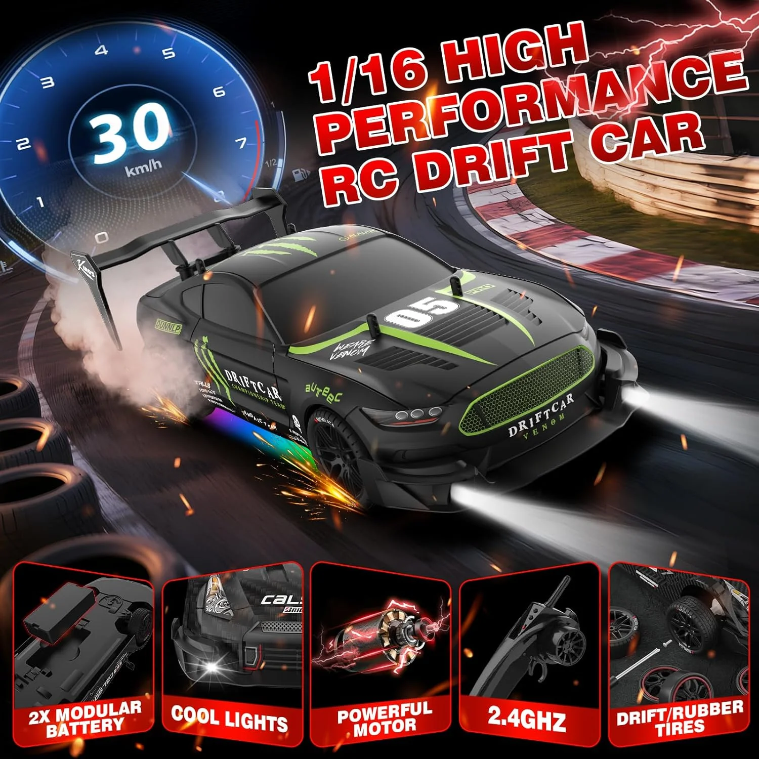 ماشین دریفت کنترلی مدل 1:16 مناسب کودکان (مشکی-2)