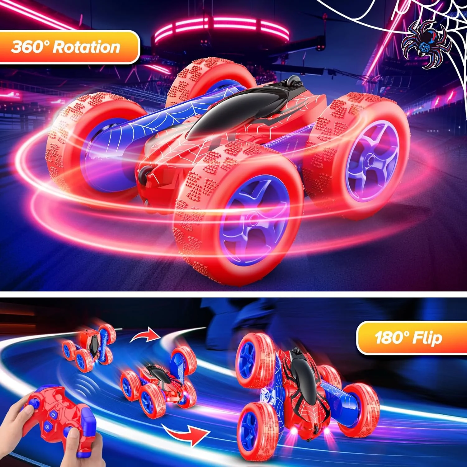 اسباب بازی های عنکبوتی برای پسران 4-6 سال، چرخش 360 درجه، 2.4 گیگاهرتز، ماشین کنترلی از راه دور 4WD شارژی سریع، اسباب بازی پسرانه برای سنین 4-6 5-7 6-8، اسباب بازی ماشین RC در فضای باز هدیه برای تولد، کریسمس، هالووین، عید پاک، پسران و دختران