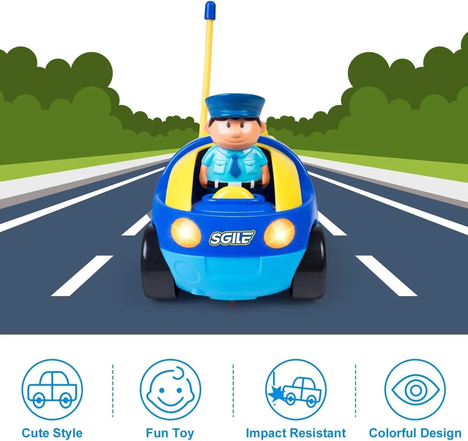 ماشین کنترلی اسباب بازی SGILE با صدا و نور، ماشین پلیس کنترلی هدیه تولد برای کودکان 18 ماهه و بالاتر، آبی