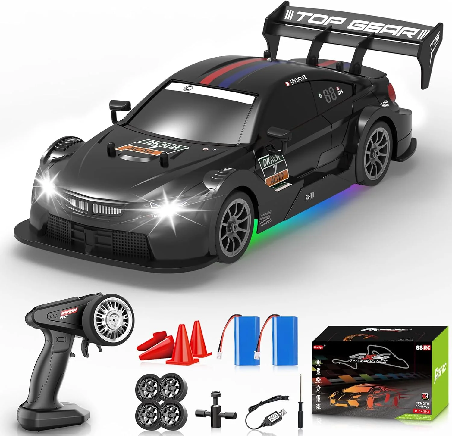 ماشین دریفت آرسی مقیاس 1:16، ماشین کنترلی از راه دور 4WD با فرکانس 2.4 گیگاهرتز، ماشین های دریفت آرسی با سرعت بالا 30+ کیلومتر در ساعت با چراغ های ال ای دی، دو باتری و لاستیک های دریفت، ماشین های مسابقه ای برای پسران و کودکان، مشکی