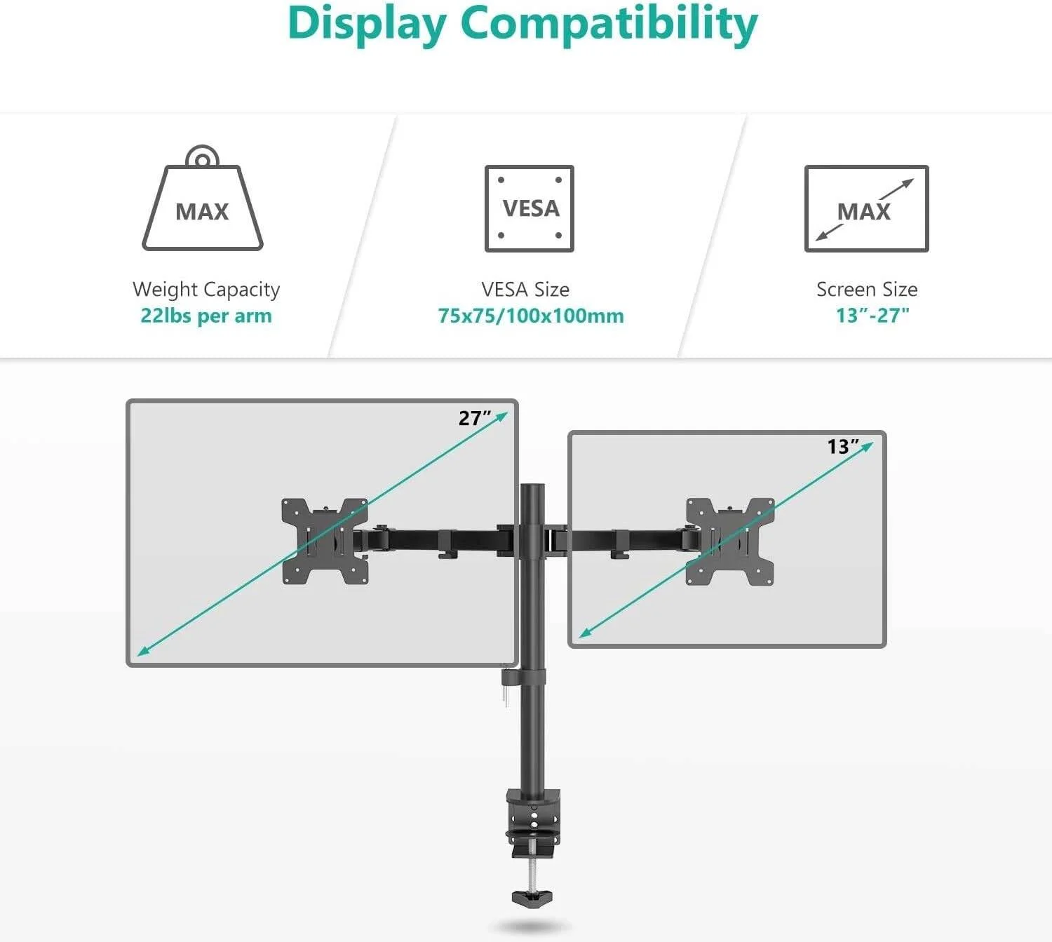 پایه رومیزی مانیتور LCD تکی، کاملاً قابل تنظیم، مناسب برای یک صفحه نمایش 13-32 اینچ، ظرفیت وزن بالا، مشکی، بازوی دوتایی پایه رومیزی مانیتور LCD تکی، کاملاً قابل تنظیم، مناسب برای یک صفحه نمایش 13-32 اینچ، ظرفیت وزن بالا، مشکی، بازوی دوتایی