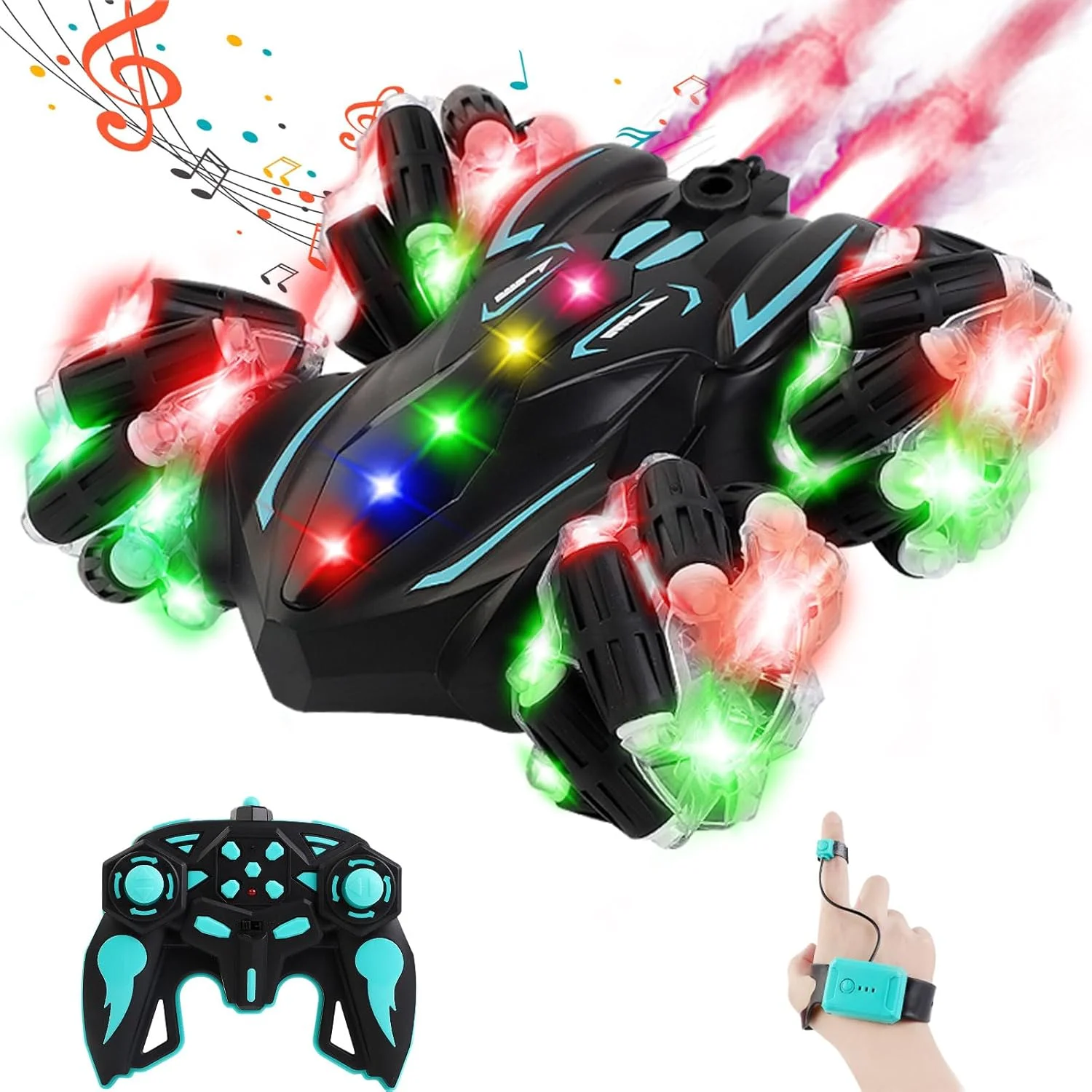 ماشین کنترلی بدلکاری با حسگر حرکتی، چرخش 360 درجه، دو طرفه، دارای اسپری، کنترل با دست، دارای چراغ و موسیقی، هدیه تولد و اسباب بازی برای پسران 6، 7، 8، 9، 10، 11، 12 ساله